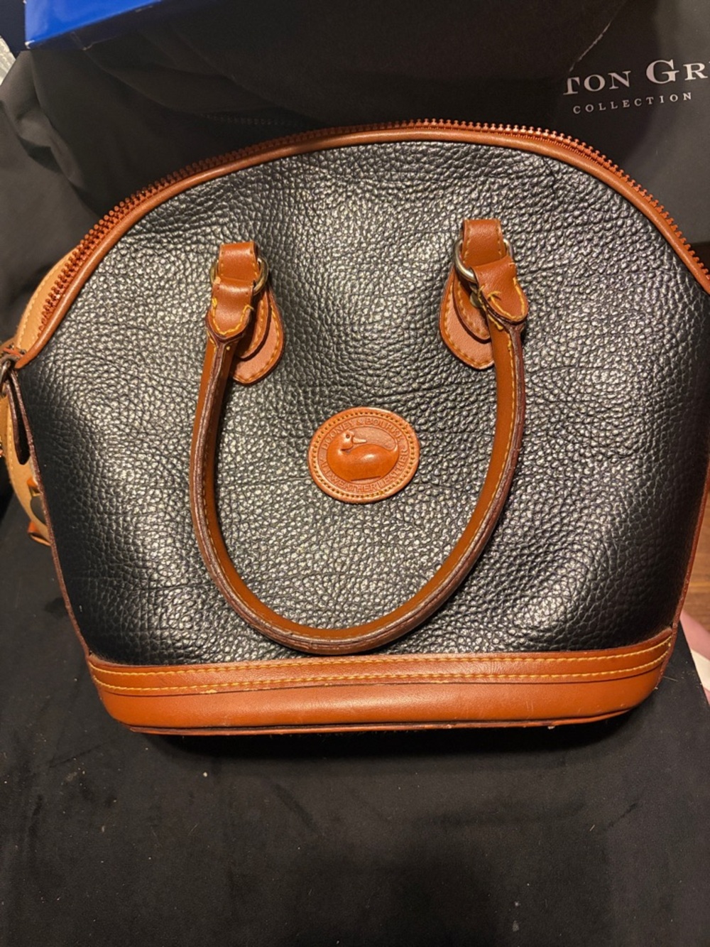 Dooney & Bourke Black Pebbled Leather Satchel with Brown Trim